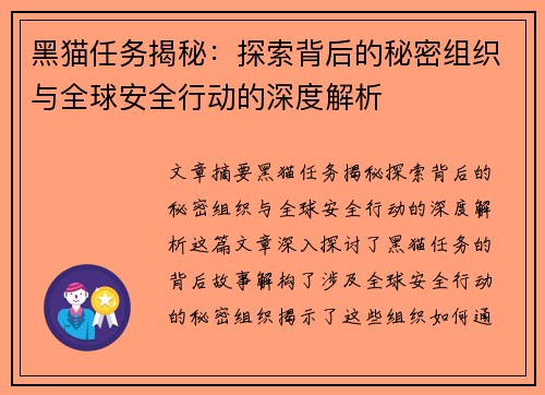 黑猫任务揭秘：探索背后的秘密组织与全球安全行动的深度解析